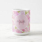 Moderne Boho Roze Waterverf Bloemen Monogram Koffiemok (Center)