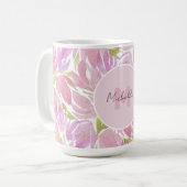 Moderne Boho Roze Waterverf Bloemen Monogram Koffiemok (Voorkant links)