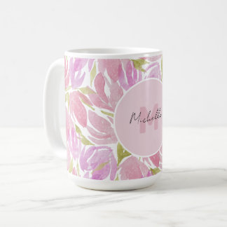 Moderne Boho Roze Waterverf Bloemen Monogram Koffiemok