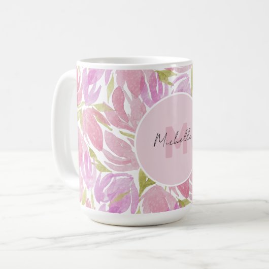 Moderne Boho Roze Waterverf Bloemen Monogram Koffiemok (Voorkant links)