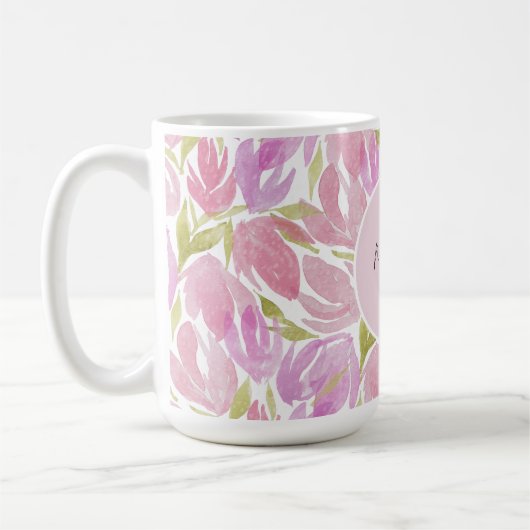 Moderne Boho Roze Waterverf Bloemen Monogram Koffiemok (Links)