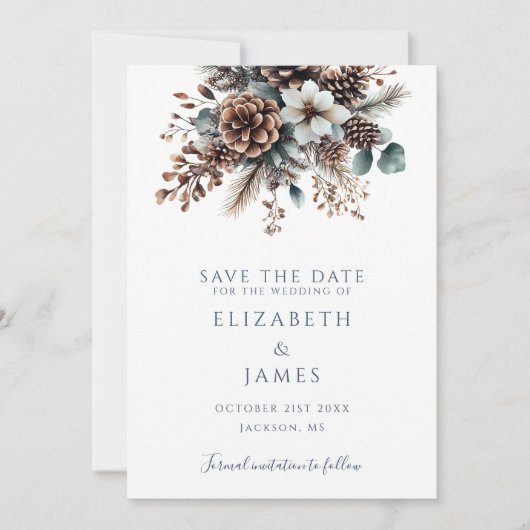 Moderne Boho Rustieke Bloemen Pinecones Huwelijk Save The Date (Voorkant)