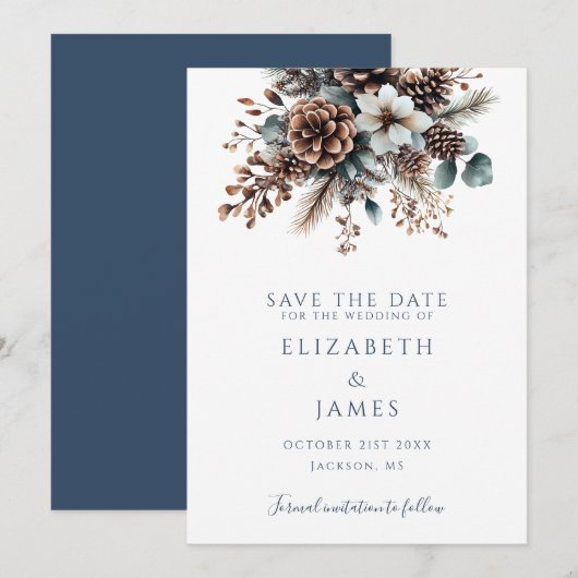 Moderne Boho Rustieke Bloemige Denneappels Trouwen Save The Date (Voorkant / Achterkant)