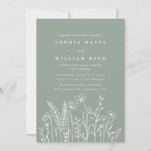Moderne Boho Sage Green Wildflower Wedding Kaart (Voorkant)