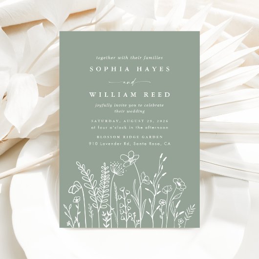 Moderne Boho Sage Green Wildflower Wedding Kaart