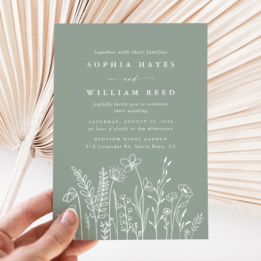 Moderne Boho Sage Green Wildflower Wedding Kaart