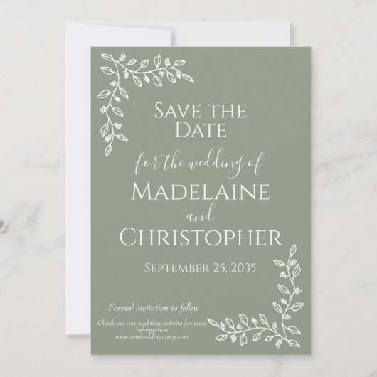 Moderne Boho Sage Groene Botanische Fotobruiloft Save The Date (Voorkant)