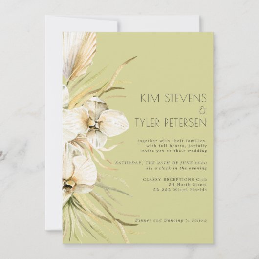 Moderne boho sage groene pampas gras orchidee brui kaart (Voorkant)