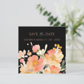 Moderne Boho Sinaasappel Perzik en Zwart Bloemen B Save The Date (Staand voorkant)