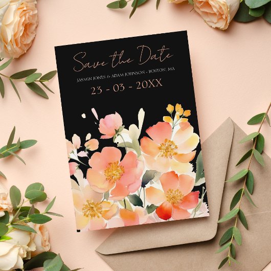 Moderne Boho Sinaasappel Perzik en Zwart Bloemen B Save The Date