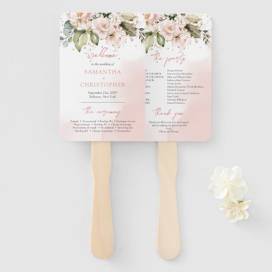 Moderne Boho stijl trouwprogramma waaier roze bloe (Voorkant en achterkant)