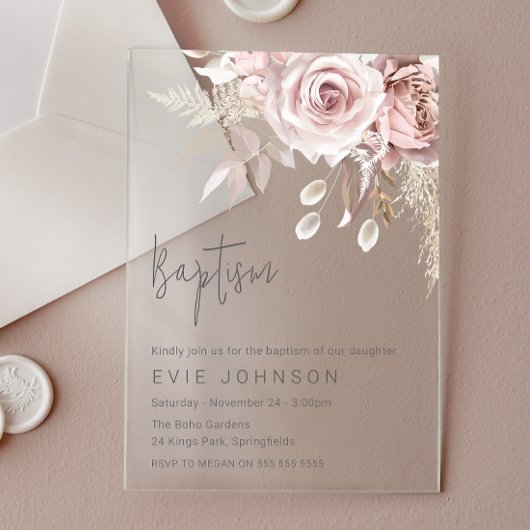 Moderne Boho Stof Roze & Blush Bloemendoop Acryl Uitnodigingen