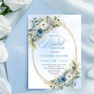 Moderne Boho Stofblauwe Bloemen Gouden Bruiloftsbo Kaart