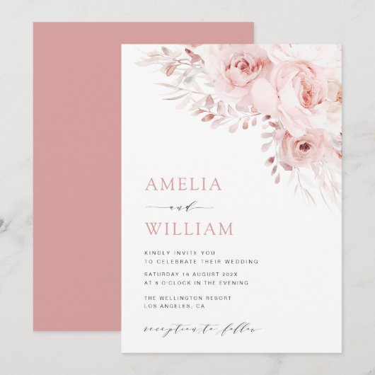 Moderne boho stoffige roos bruiloft kaart (Voorkant / Achterkant)