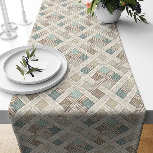 Moderne Boho Table Runner met neutrale geometrie Lange Tafelloper