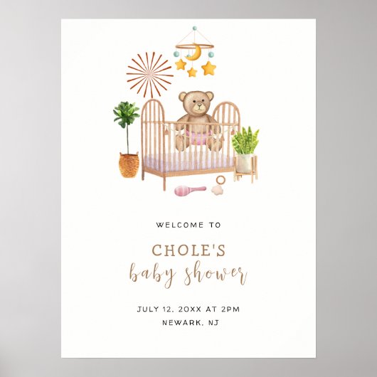 Moderne Boho Teddibeer Babykamer Baby Shower Welko Poster (Voorkant)