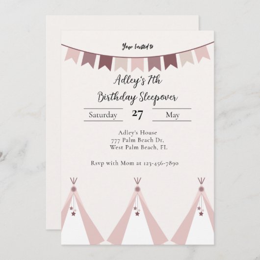 Moderne Boho Teepee Sleepover Verjaardagsuitnodigi Kaart (Voorkant / Achterkant)