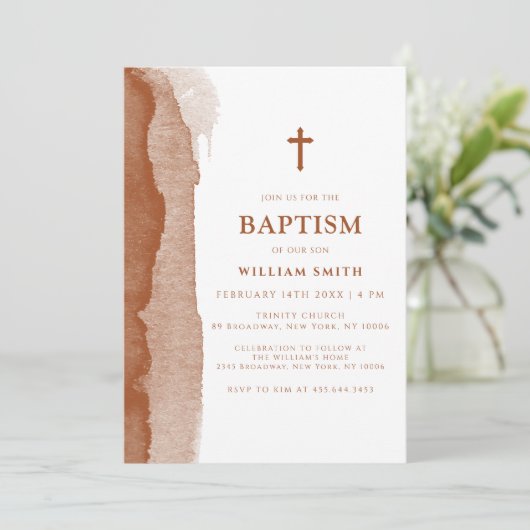 Moderne Boho Terracotta Abstracte Jongensdoop Kaart (Staand voorkant)