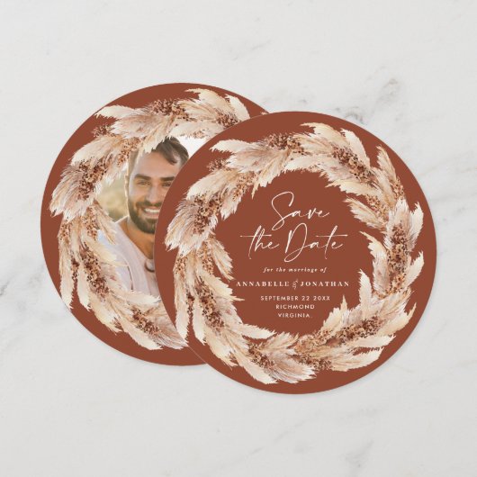 Moderne boho terracotta pampagras trouwfoto kaart (Voorkant / Achterkant)