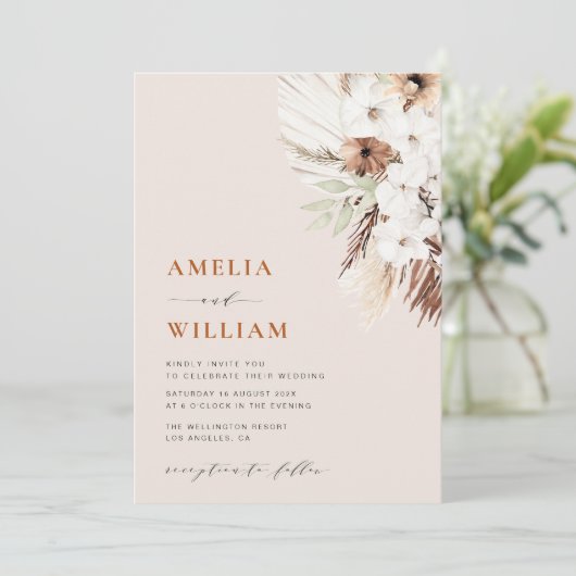 moderne boho terracotta pampas - bruiloft kaart (Staand voorkant)