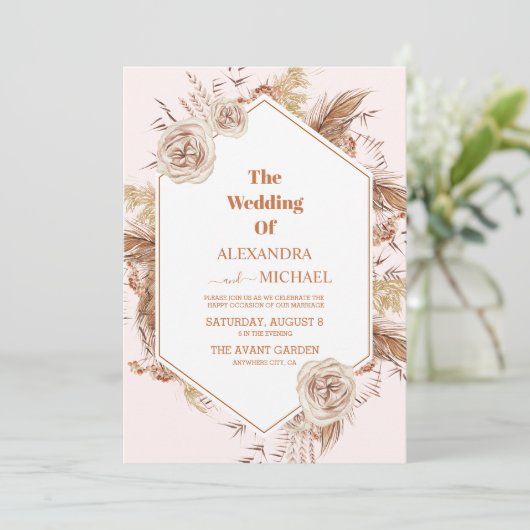 moderne boho terracotta pampas - bruiloft kaart (Staand voorkant)