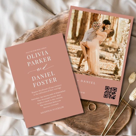 Moderne Boho Terracotta QR Code Foto Bruiloft Kaart