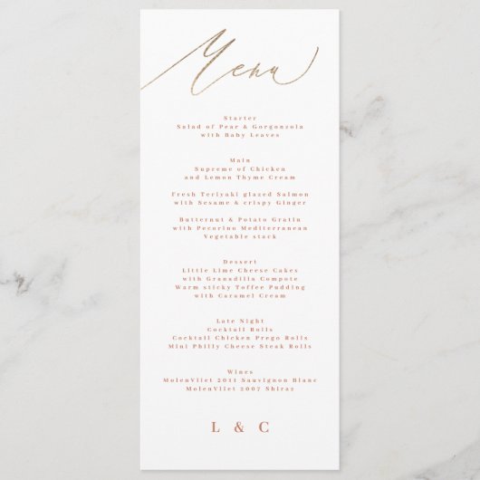 Moderne Boho Terracotta Sinaasappel gouden bruilof Menu (Voorkant)