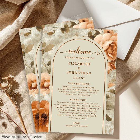 Moderne Boho Verbrande Oranje Beige Salie Trouwdag Programmakaart