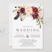 Moderne Boho veren Marsala Bloemen Bruiloft Kaart (Voorkant)
