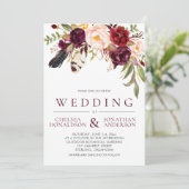 Moderne Boho veren Marsala Bloemen Bruiloft Kaart (Staand voorkant)