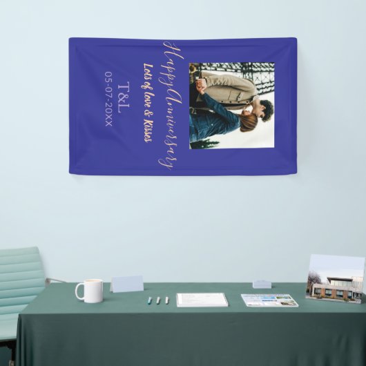 Moderne boho vrolijk jubileum toevoegen naam blauw spandoek (Beurs)