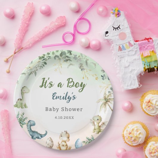 Moderne Boho Waterverf Dinosaurus Greenery Boy Papieren Bordje (Feest)