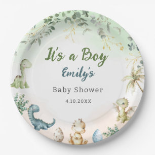 Moderne Boho Waterverf Dinosaurus Greenery Boy Papieren Bordje