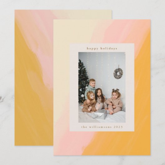 Moderne Boho Waterverf Roze Geel Foto Feestdagenkaart (Voorkant / Achterkant)