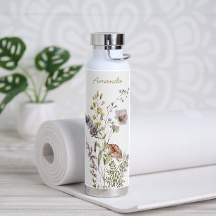 Moderne Boho Waterverf Wildbloemen met Naam Waterfles