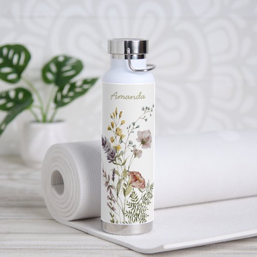Moderne Boho Waterverf Wildbloemen met Naam Waterfles (Yoga)