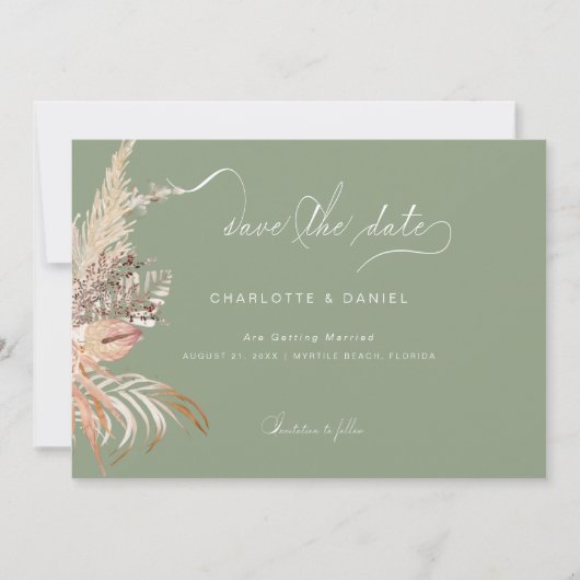 Moderne Boho Whimsical Calligrafie Schrift Sage Save The Date (Voorkant)