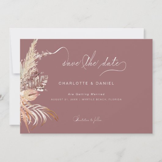 Moderne Boho Whimsical Calligrafie Script Mauve Save The Date (Voorkant)