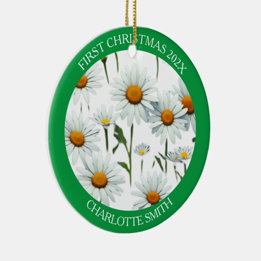 Moderne Boho White Daisy Bloemen Eerste Kerstmis Keramisch Ornament (Rechts)