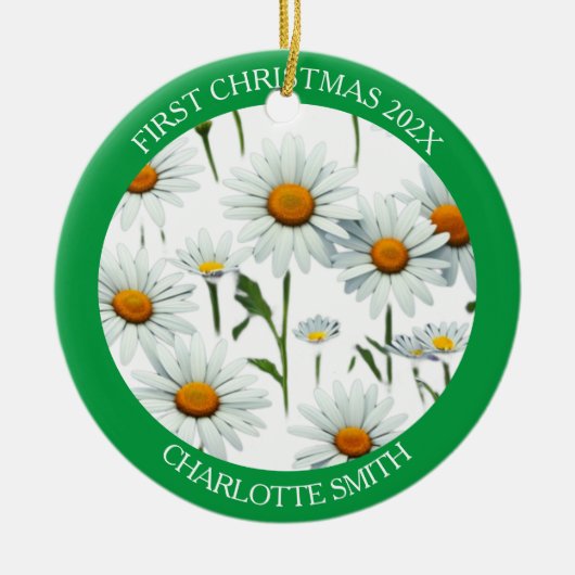 Moderne Boho White Daisy Bloemen Eerste Kerstmis Keramisch Ornament (Voorkant)
