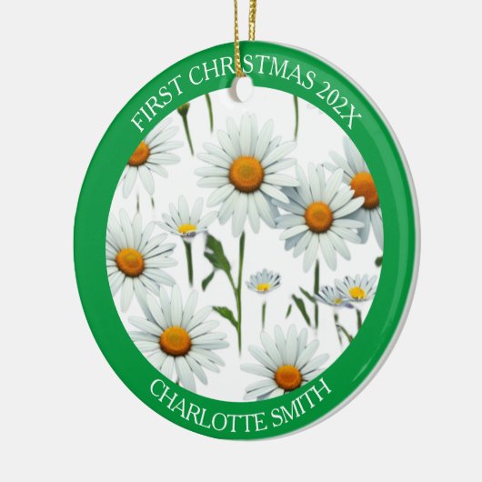 Moderne Boho White Daisy Bloemen Eerste Kerstmis Keramisch Ornament (Links)