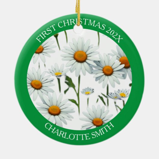 Moderne Boho White Daisy Bloemen Eerste Kerstmis Keramisch Ornament (Achterkant)