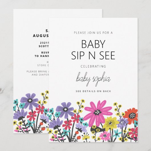 Moderne Boho Wildbloemen Baby Sip and See Kaart (Voorkant / Achterkant)