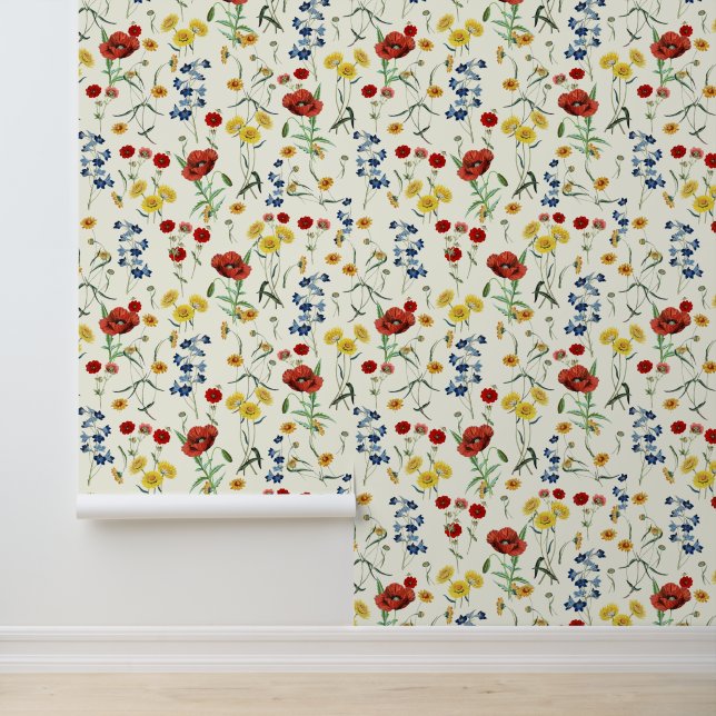 Moderne  Boho Wildbloemen Ivoor Wit Behang (Applicatie)