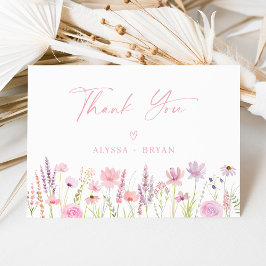 Moderne Boho Wilde Bloem Script Bruidsdouche Bedankkaart