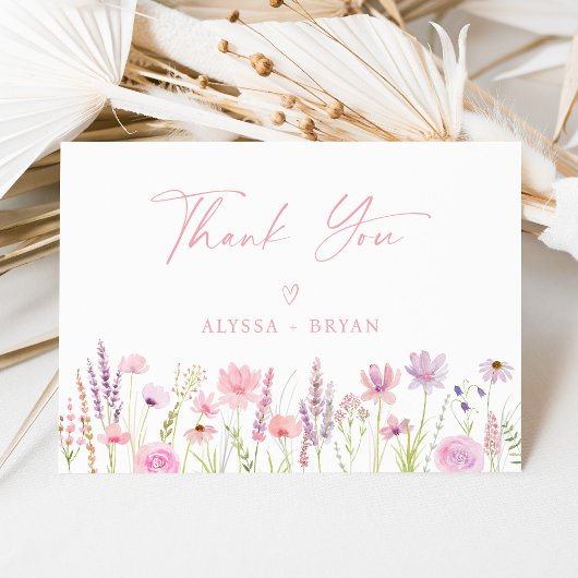 Moderne Boho Wilde Bloem Script Bruidsdouche Bedankkaart