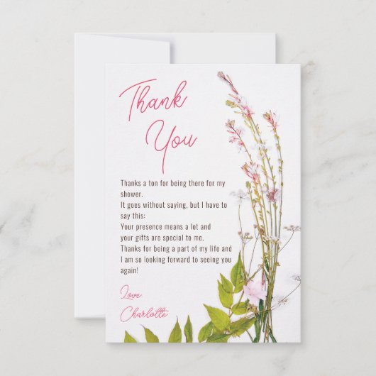 Moderne boho wilde bloemen script foto bruidsdouch bedankkaart (Voorkant)