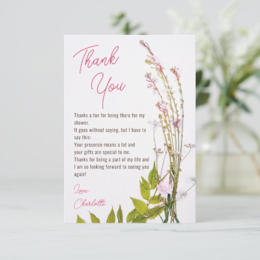 Moderne boho wilde bloemen script foto bruidsdouch bedankkaart (Staand voorkant)