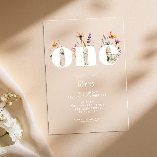 Moderne Boho Wildflower 1e Verjaardag Acryl Uitnodigingen