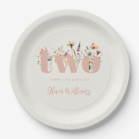 Moderne Boho Wildflower 2e Verjaardag Papieren Bordje (Voorkant)